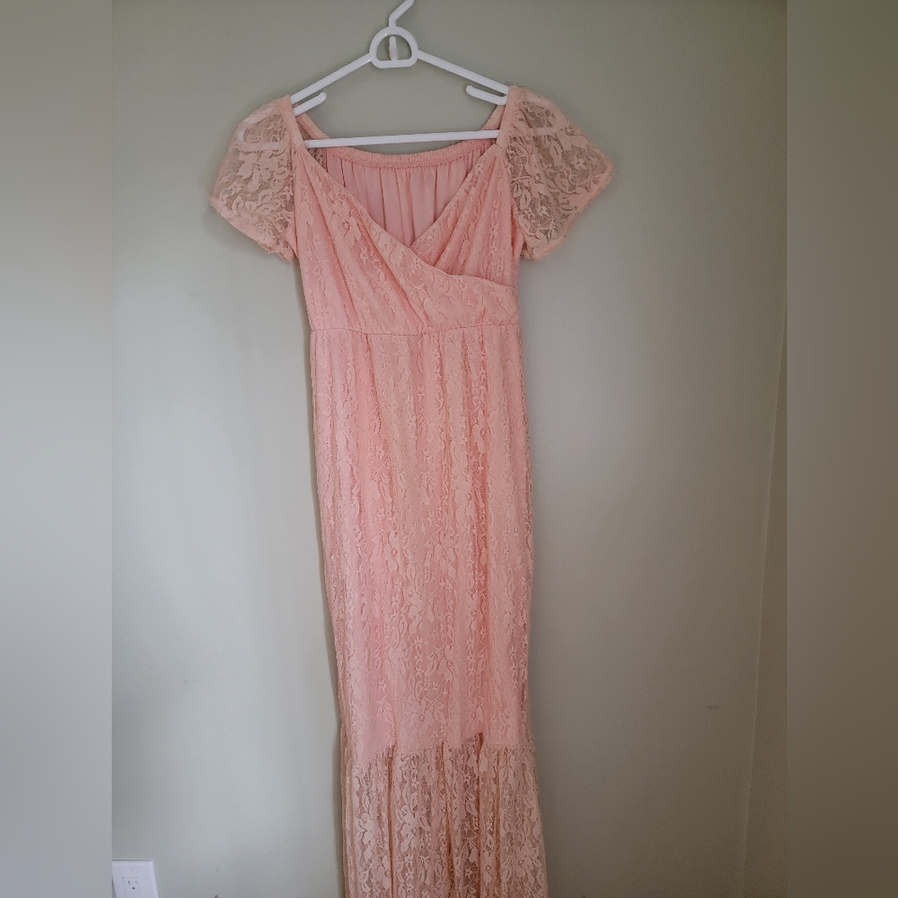 ZIUMUDY Womens Off Shoulder Short Sleeve V Neck Lace Maternity Gown - XL